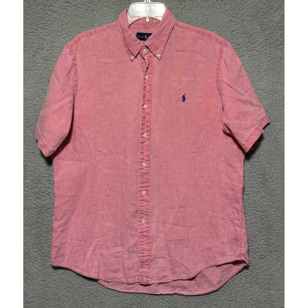Polo Ralph Lauren Mens L SS Button Down Pink Preppy 100% Linen  Shirt